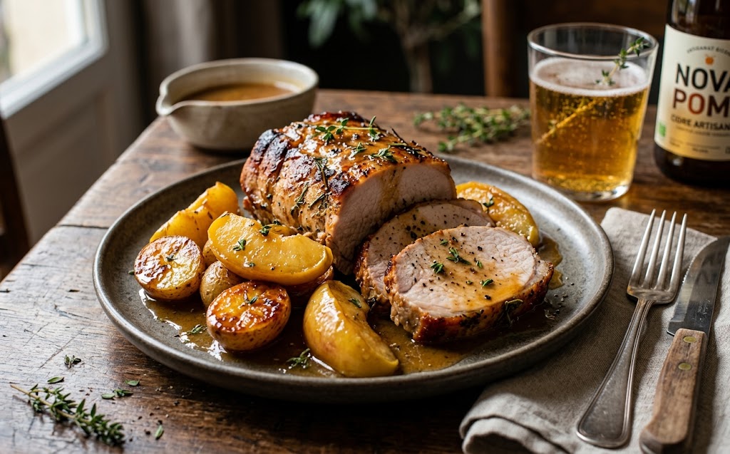 Rôti de porc et pommes glacées au cidre